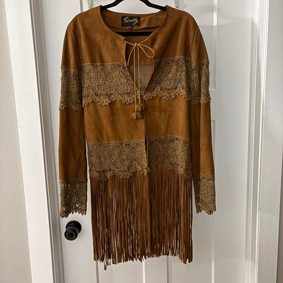 Scully Fringe Long Jacket Leather Suede Floral Lace Trim Boho Western Size XL - Picture 1 of 14